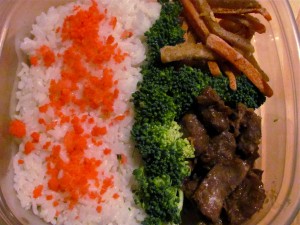 Rice, fish soboro, chicken, carraot-ginger kinpura
