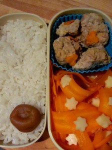 Rice, Umeboshi, Carrots strips, and Lentil Balls